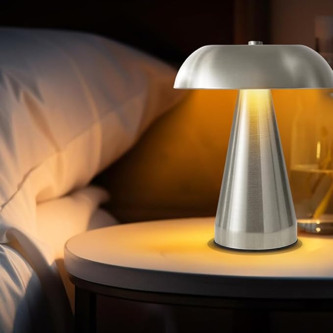 Portable LED Desk Lamp, Cordless Metal Table Lamp, 3-Color Touch Control Rechargeable Light, 3-Levels Brightness Room Decor, Bedside & Dining Room Light (Sliver)