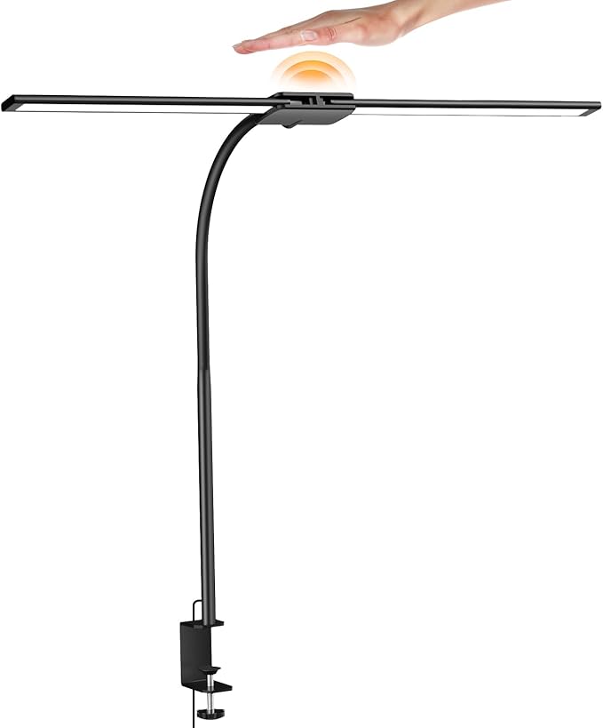 Syrinx LED Desk Lamp for Home Office โ Eye-Caring Dual Head Desk Light with Flexible Gooseneck, Clamp, Gesture/Wired Control, 50 Lighting Modes with Memory/Timer for Study, Crafting