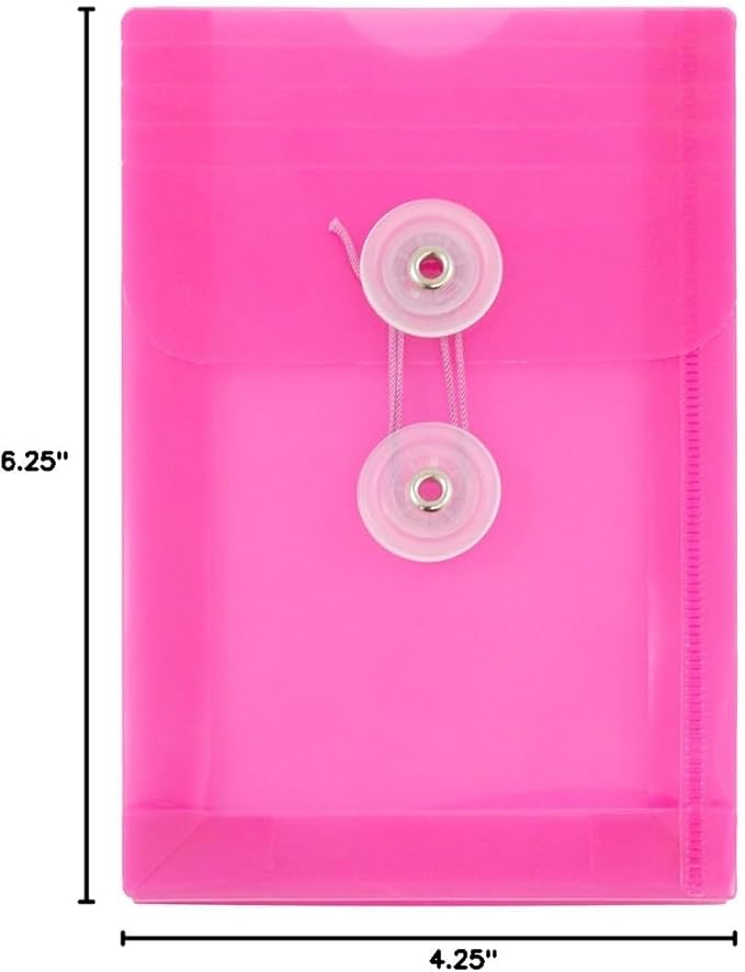 JAM PAPER Plastic Envelopes with Button & String Tie Closure - 4 1/4 x 6 1/4 - Fuchsia Pink - 12/Pack