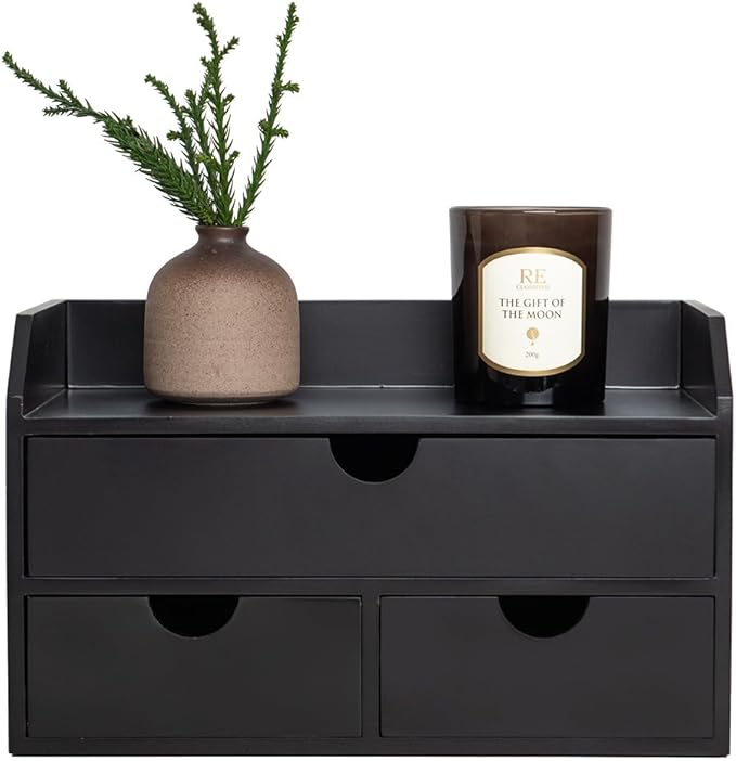 ROSE BLOOM Black Wood Desk Organizer with 3 Drawer, Mini Cute Cabinet with Storage Shelf for Tabletop, Small Desktop Box Organizer for Cosmetic Office Supplies