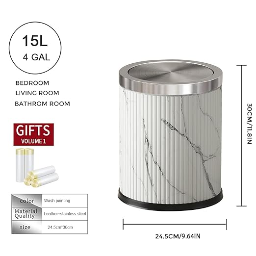 Bathroom Garbage can with lid,Small Trash Can with Flipping Lid, 4gallon,White and Silver Bathroom Trash can for Bedroom,Living Room,Hotel (15L-Ink Painting)