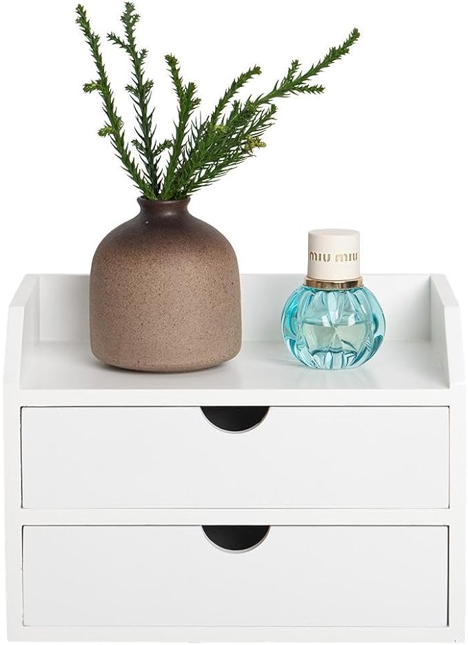 ROSE BLOOM White Wood Desk Organizer with 2 Drawer, Mini Cute Cabinet with Storage Shelf for Tabletop, Small Desktop Box Organizer for Cosmetic Office Supplies