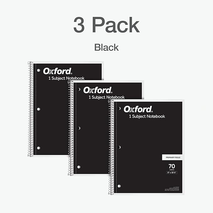 Oxford Primary Ruled Spiral Notebooks, Writing/Drawing Practice for Kids, Grades Pre-K, K-2, 70 Sheets, 8 x 10.5 Inches, Black, 3 Pack (1002542)