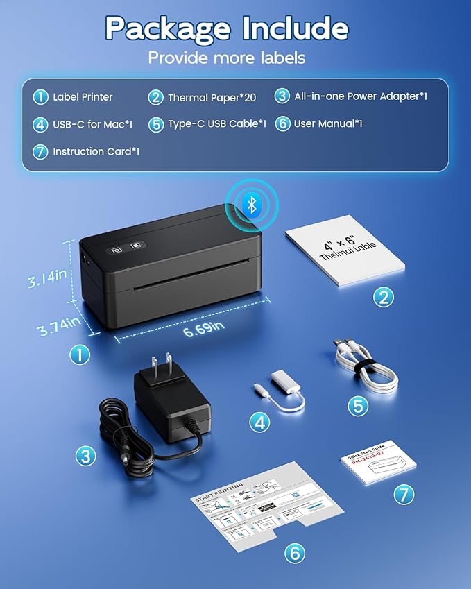 Bluetooth Thermal Shipping Label Printer, 4x6 Thermal Label Printer for Small Business, 2410BT Wireless Label Printers Compatible with iOS Android & PC, Widely Used for Ebay, USPS, Tiktok