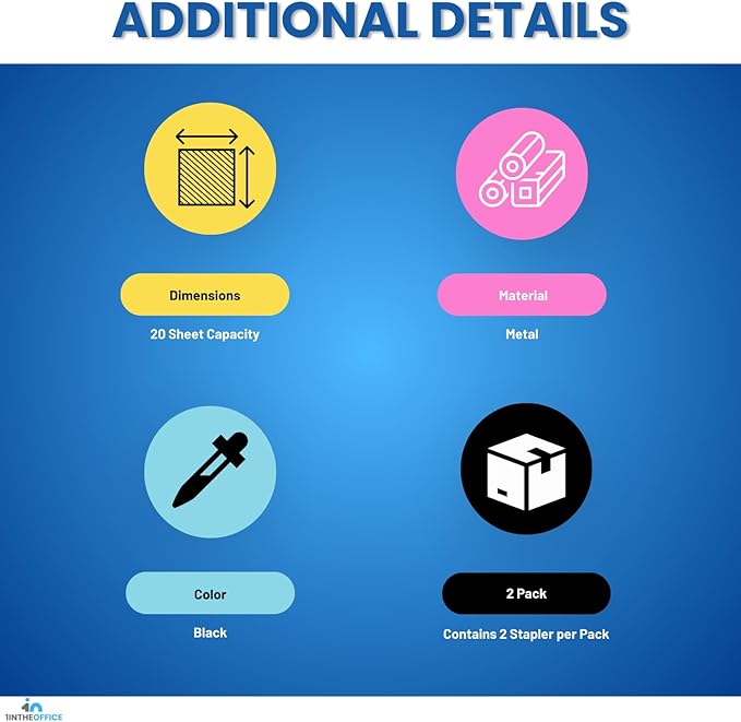 1InTheOffice Office Stapler for Desk, Heavy Duty Desk Stapler, Black, 20 Sheets Capacity,2 Pack