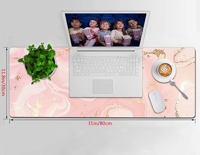 Extended Gaming Mouse Pad (31.5 X 11.8 in), Large Non-Slip Rubber Base Mousepad,Keyboard Mouse Mat Desk Pad for Work, Game, Office - Pink Rose Gold Marble, MOU-08
