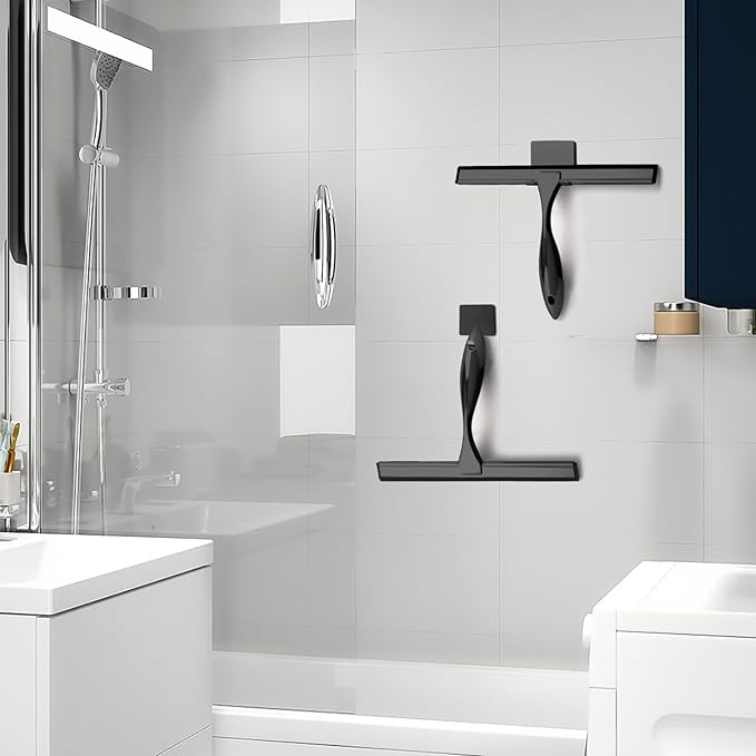 OVSGTTZ Stainless Steel Shower Squeegee for Glass, Includes 3 Adhesive Hooks, Shower Door Squeegee for Bathroom, Household Window, Car Windshield, Mirrors, Tiles Scrubber Clear, 12 inch Black