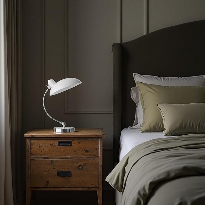 Industrial Vintage Metal Desk Lamp - Glossy Electroplated, Adjustable Arm & Shade, Button Switch - Perfect for Bedroom Nightstand/Office Study/Reading - Retro Table Lamp(White)