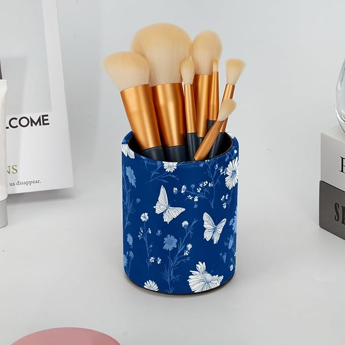 Leather Pen Holder for Desk Blue Butterfly Pencil Cup Desktop Organizer Makeup Brush Holders Office Supplies for Home, Kids & School