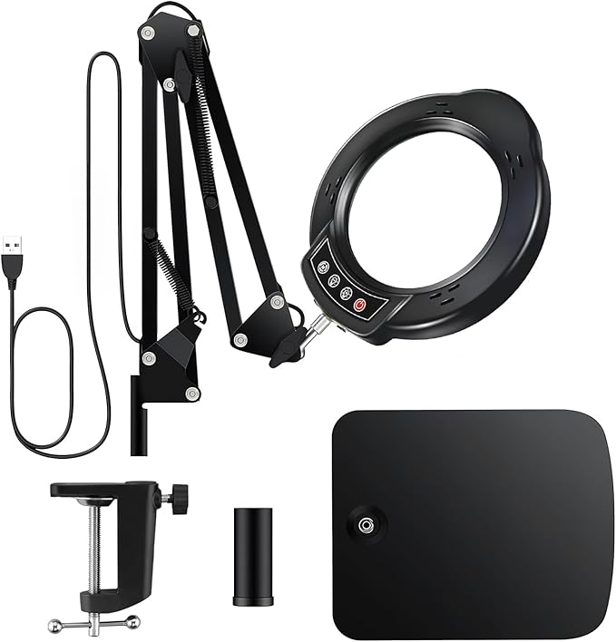 15X Magnifying Glass with Light and Stand, 5 Color Modes 10 Levels Adjustable Brightness, 2-in-1 Desk Lamp with Clamp, Hands Free LED Light Magnifier for Craft Hobby Reading Repair Close Works