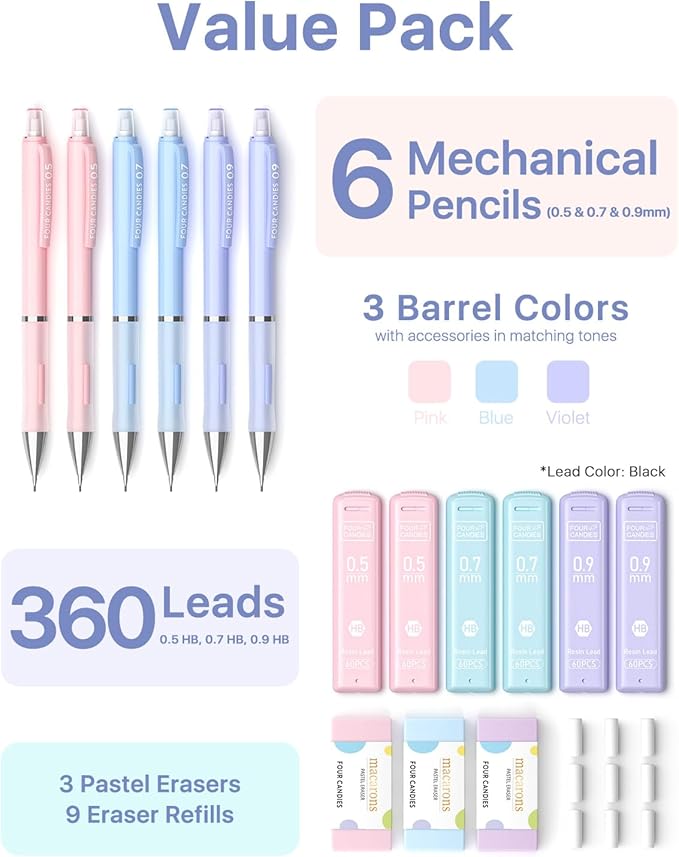 Four Candies Cute Mechanical Pencil Set, 6PCS Pencils 0.5 mm & 0.7 mm & 0.9 mm with 360PCS Lead Refills, Pastel Erasers, Case for School Supplies
