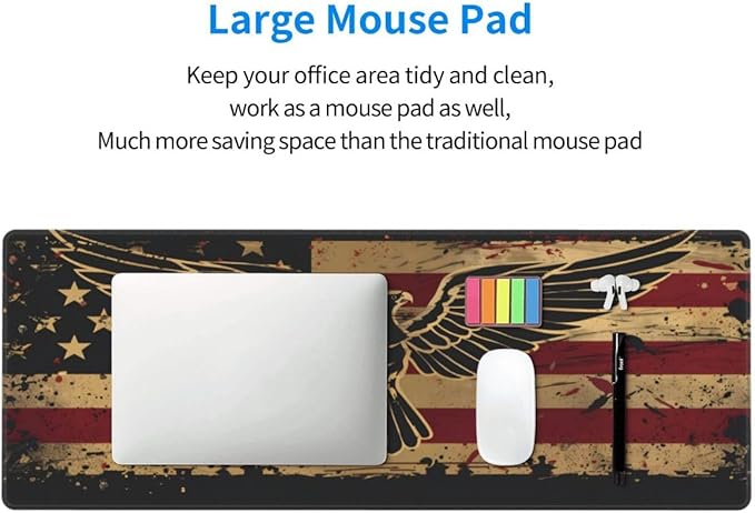 Desk Pad,Office Desk Mat 31.5"×11.8" Large Gaming Mouse Pad,Durable Extended Computer Mouse Pad,Waterproof Thick Big Mouse Pads with Non-Slip Rubber Base Office Home American Flag Eagle