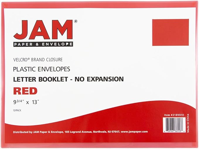 JAM PAPER Plastic Envelopes with Hook & Loop Closure - Letter Booklet - 9 3/4 x 13 - Red - 12/Pack