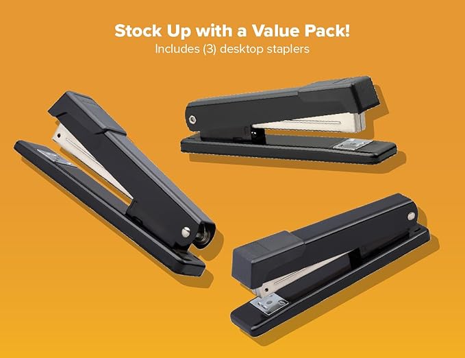 Bostitch Office Classic Metal Desktop Stapler, 20 Sheet Capacity, Dual Clinch, Opens for Tacking, Full-Strip, Black, 3-Pack