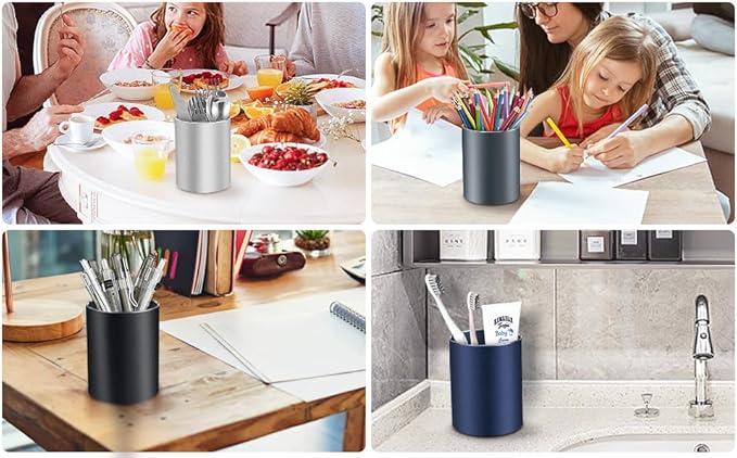 RQB Metal Pen Holder for Desk Square Aluminum Desktop Organizer and Makeup Brush Holder Storage Box for Office, School, Home, and Kids, Non-slip silicone 4×3.15inch (Black)