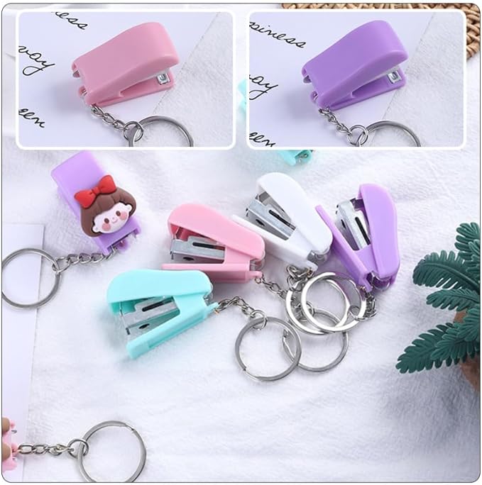 Veemoon Small Stapler with Keychain, 3pcs Portable Mini Stapler with 1 Box Staples Home School Office Supplies DIY Tools (Purple + Green + Pink + Staples)