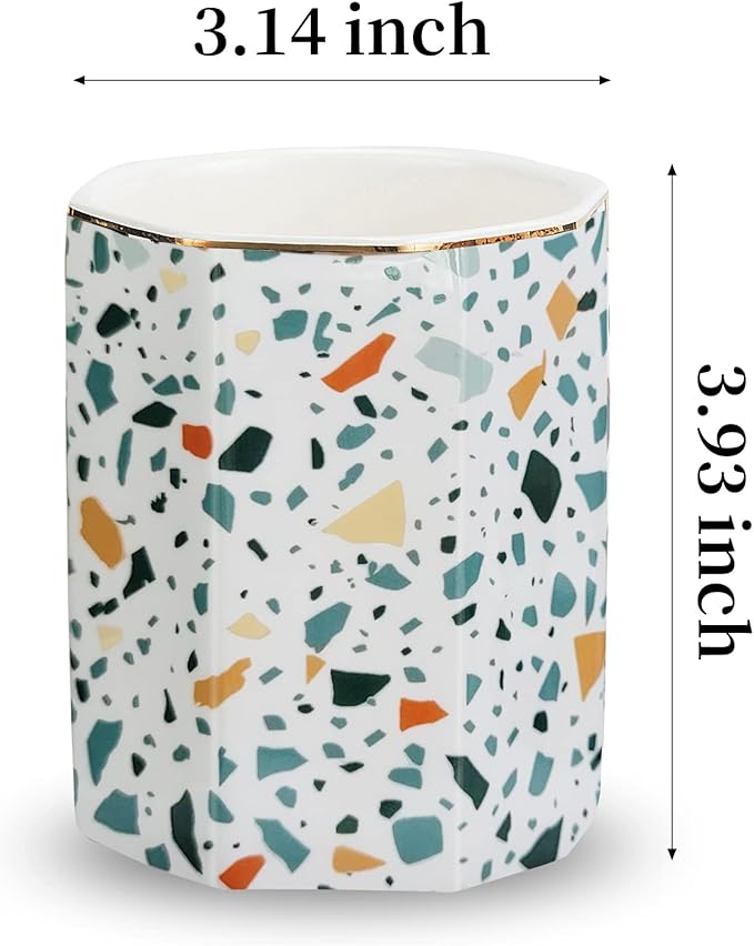 Pen Holder, Makeup Brush Holder Ceramic Shiny Gold Terrazzo Marble Stone Pattern Pencil Cup for Girls Kids Women Durable Stand Desk Organizer Storage Gift for Office, Classroom, Home Colorful