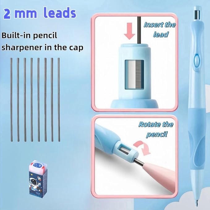 Handwriting thick mechanical pencils with grip: 2.0MM HB Pencil for kids with 14 leads (2 pack blue&yello)