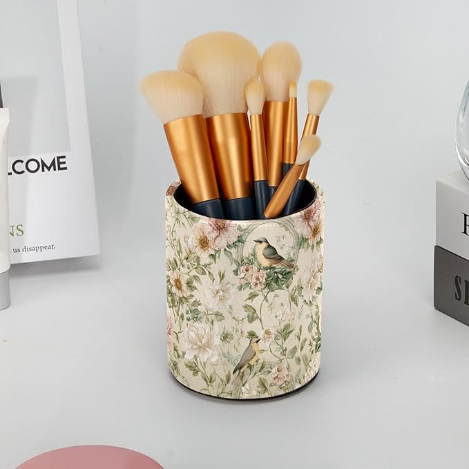 Leather Pen Holder for Desk Trees Leaf Birds Pretty Pencil Cup Desktop Organizer Makeup Brush Holders Office Supplies for Home, Kids & School
