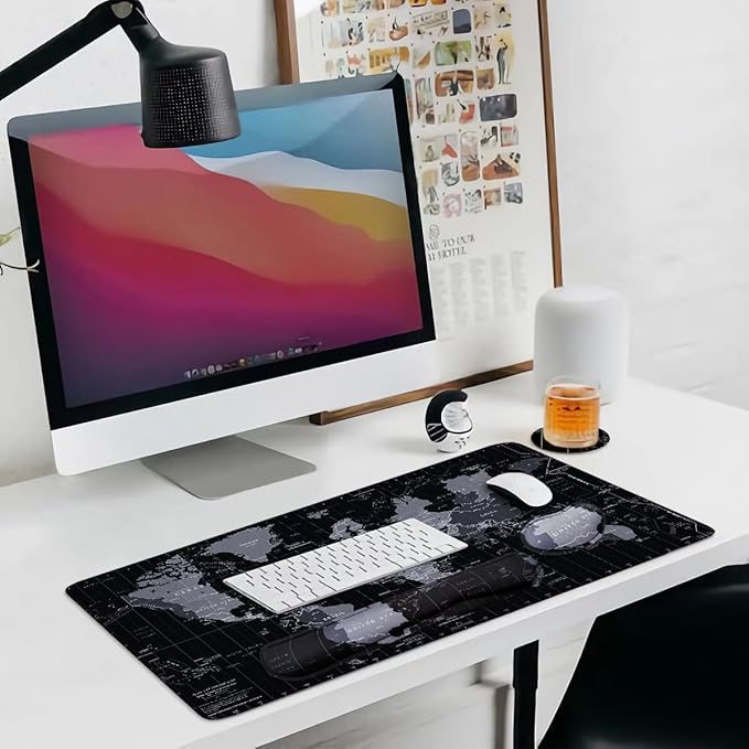 Large Mouse Pad Set, Cute Extended Mouse Pad+Keyboard Wrist Rest Support Desk Pad Memory Foam Ergonomic Easy Typing, 35.4×15.7 in Desk Mat Set for Home Office Study Game - World Map