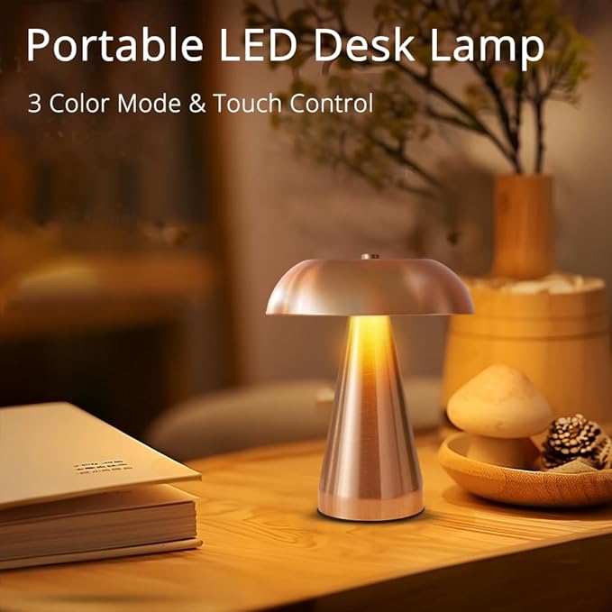 Portable LED Table Lamp, Cordless Metal Desk Lamp,3 Color Touch Control Rechargeable Lamp,3-Levels Brightness Room Decor Desk Lamp,Bedside Lamp,Dining Room Lamp (Rose Gold)