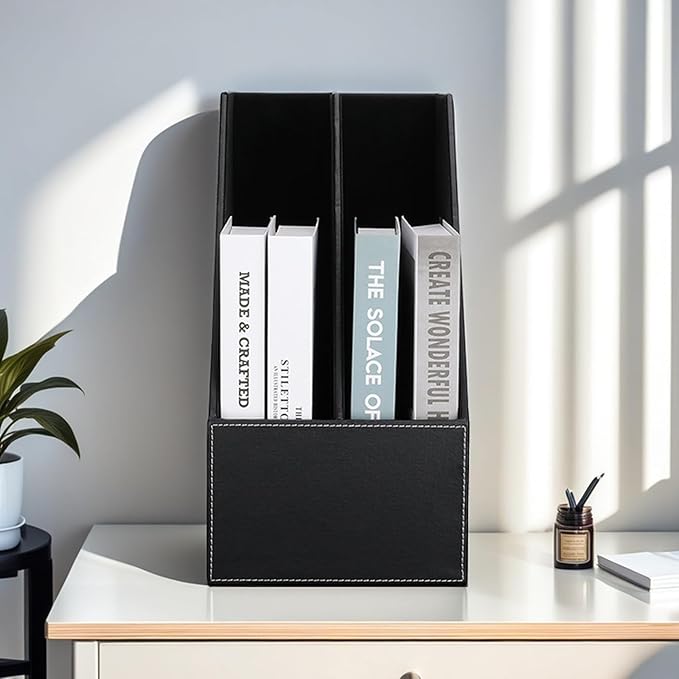 KINGFOM Wooden Leatherette Desktop File Folder Organizer and Document File Stand Journals Magazine Rack 2 Slots (black)