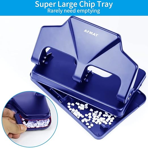 AFMAT HP15 Heavy Duty 3 Hole Punch, 40-Sheet Paper Punch, 50% Reduced Effort 3-Hole Punch, Metal Hole Puncher 3 Ring, Three-Hole Paper Puncher w/Large Chip Tray for Classroom, Office, Blue