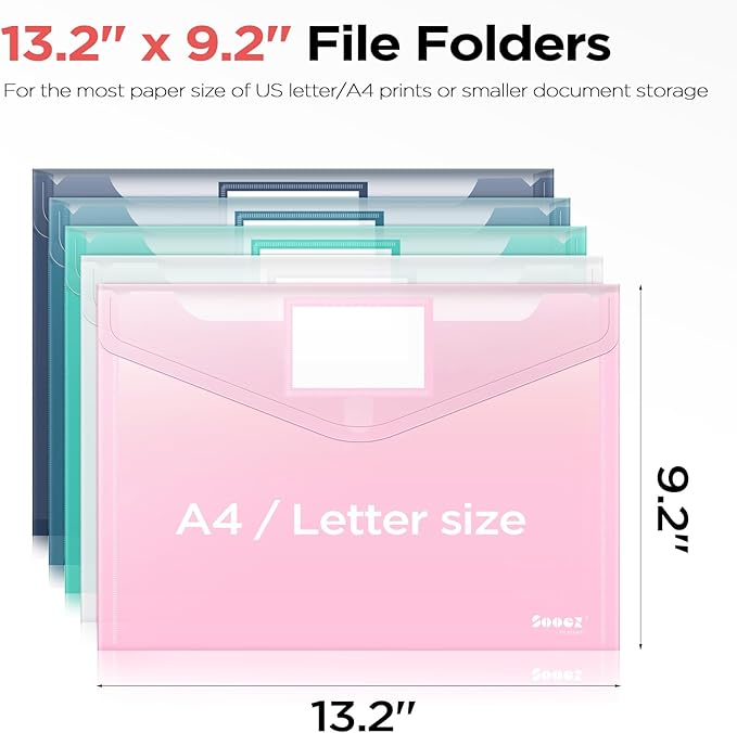 Sooez 20Pack Plastic Envelopes, Plastic File Folders, Clear Folders for Documents Trendy Colors, Super Heavyweight Document Holders, Storage Pouches, File Envelopes for School Office Supplies