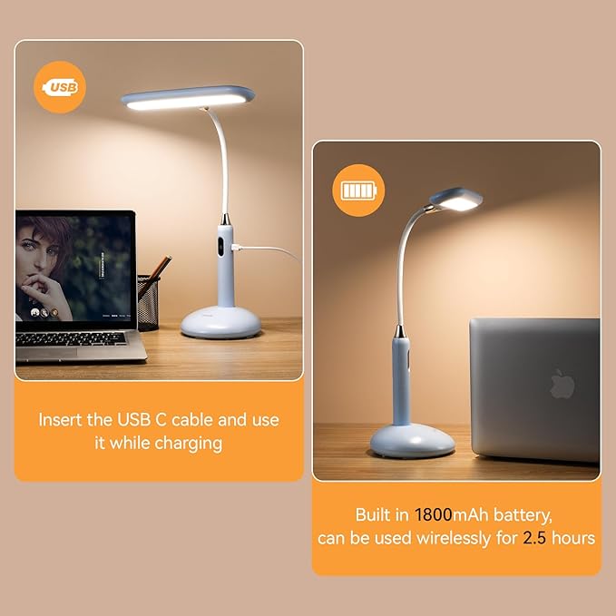 VAVOFO Wireless LED Desk Lamp 6778B - Touch Control, 2700-7000K Adjustable Color Temperature, 700 Lumens, 360° Gooseneck, USB-C Charging, 2.5 Hours Wireless Use, Eye-Caring Light (Blue)