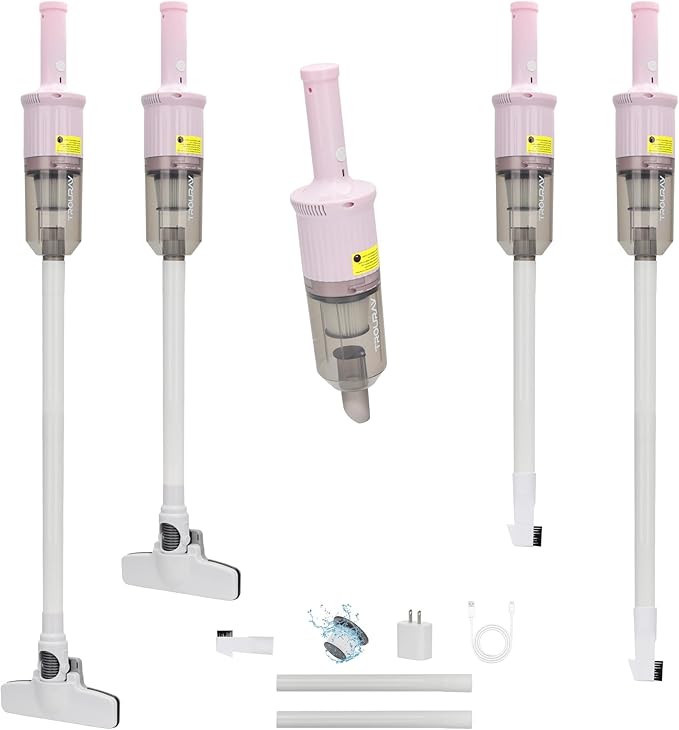 TROURAY 6-in-1 Rechargeable Household Stick Vacuum Cleaner, Convertible to Handheld, for All Kinds of Cleaning in Your Home on Hard Floors, Upholstery, Sofas, Cars (Pink)