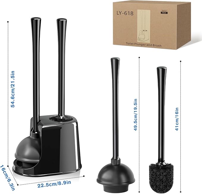 Toilet Plunger and Brush Set,2 Pack Bowl Brush and Heavy Duty Toilet Brush with Ventilated Holder, 2-in-1 Toilet Brush and Plunger Combo for Bathroom Deeply Cleaning(Black)