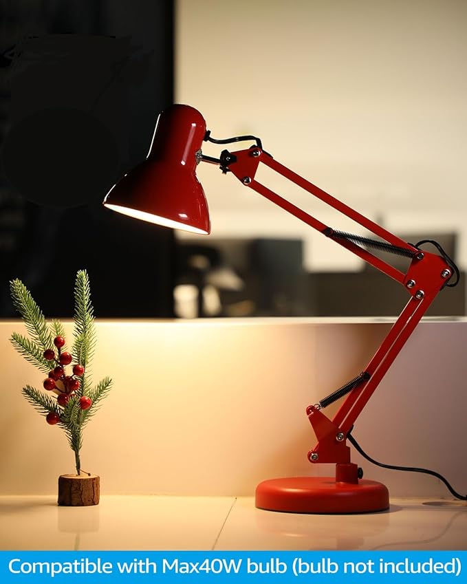 TORCHSTAR Metal Desk Lamp with Clamp, Swing Arm, Architect Adjustable Gooseneck Table Lamp, Clip Desk Lights for Home Office, Work, Study, Reading, E26 Base, Multi-Joint, Red