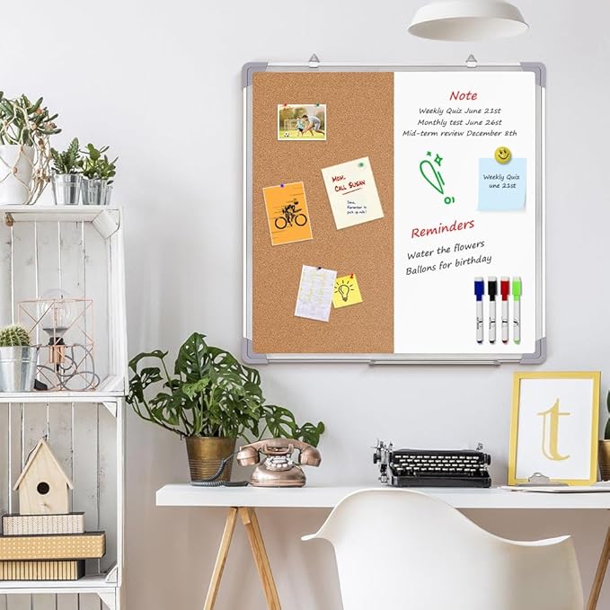 Cork Board White Board Combo - 24 x 24 Dry Erase Cork Board with 1 Dry Eraser, 4 Markers, 4 Magnets, 10 Thumb Tacks and 6 Magnetic Notes - Message Bulletin Board White Board for Home Office Desk