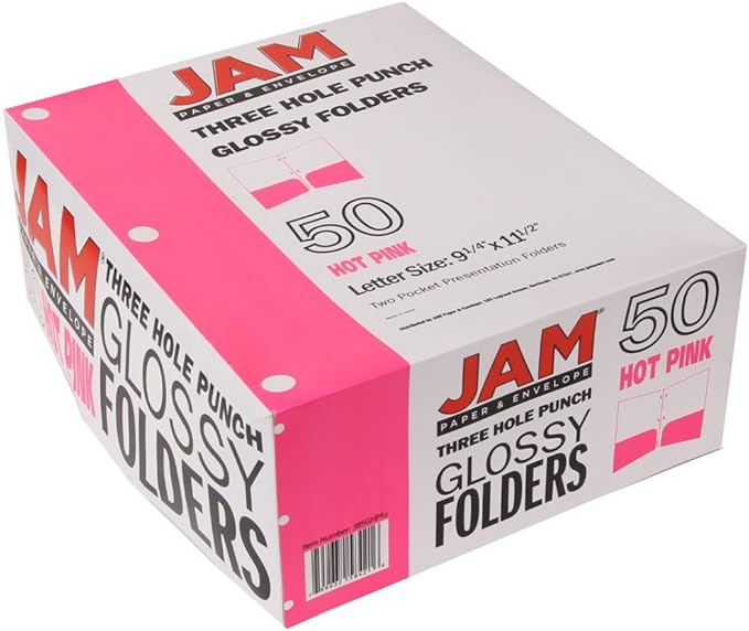 JAM PAPER Laminated Two Pocket Glossy 3 Hole Punch School Folders - Letter Size - High Gloss Fuchsia Hot Pink - Bulk 50/Box