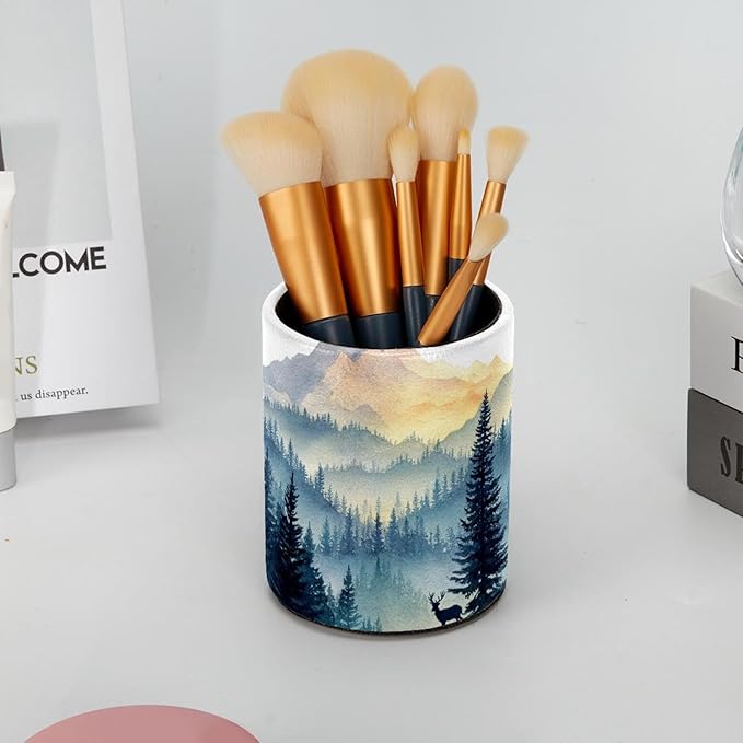 Watercolor Mountain Deer PVC Leather Circular Pencil Holder for Desk Organizer Stationery Holder for Office, School(3.9 x 3.1 Inches)