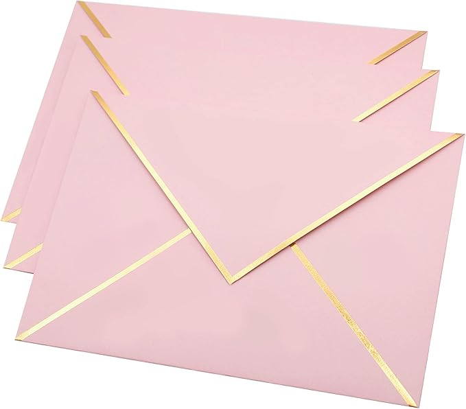 A7 Envelopes - V Flap Foil Border Luxury Mailing Envelopes for 5" x 7" Cards - for Wedding, Invitations, Baby Shower, Photos, Graduation, Birthday, Bridal Shower - 5.25" x 7.25" (Pink, 25 Pack)