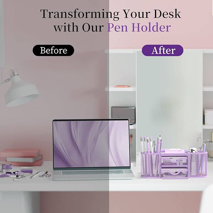 SUPEASY Mesh Desk Organizer, Desk Organizers and Accessories with Drawers, Pen Holder for Desk with 2 Drawers with 9 Compartments for Office Supplies, Purple