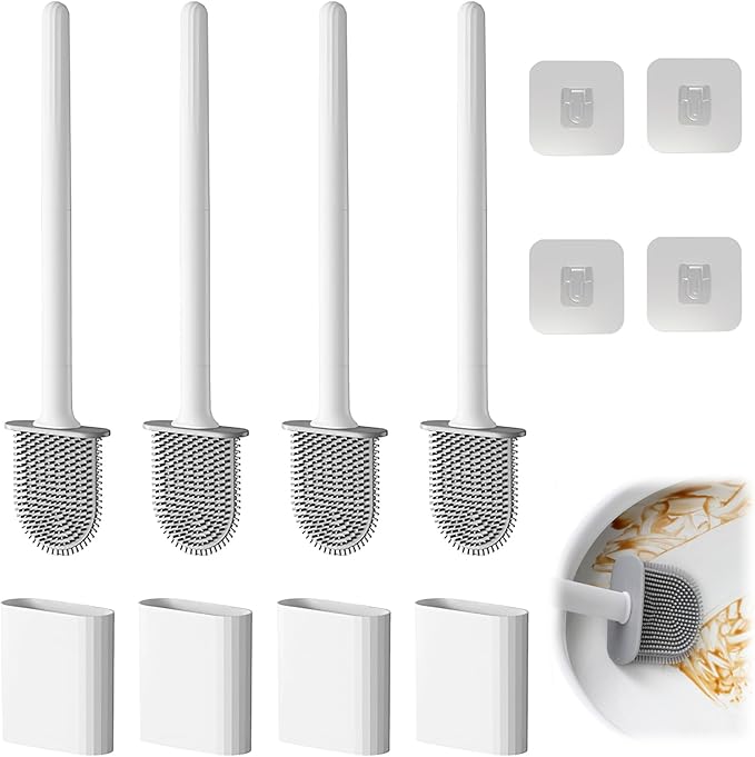 Toilet Bowl Brush and Holder Set, Flexible Silicone Bristles with Detachable Handle, Compact RV and Bathroom Toilet Brush (4 White)