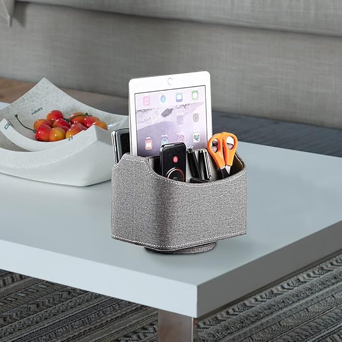 PU Leather Remote Control Holder,360 Degree Spinning Desk TV Remote Caddy,Desk Organizers and Accessories,for Controller,Media,Mail,Calculator,Mobile Phone,Pen Storage Holder (Gray Cloth)