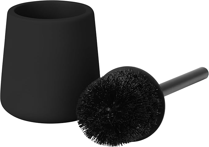 Navaris Toilet Brush and Holder Set, Black - Toilet Brushes & Holders - Soft Touch & Rubber Coated Loo Brush with Stainless Steel Handle - Adjustable Silicone Water Stopper