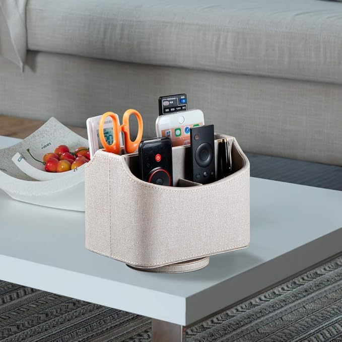 PU Leather Remote Control Holder,360 Degree Spinning Desk TV Remote Caddy,Desk Organizers and Accessories,for Controller,Media,Mail,Calculator,Mobile Phone,Pen Storage Holder(Beige)