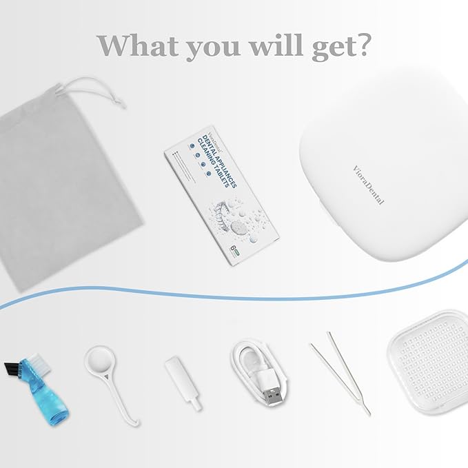 Viora Rechargeable 52kHz Ultrasonic Retainer Cleaner: Cordless Portable UV Dental Cleaning Pod for Invisalign, Denture, Mouthguard, Nightguard, Jewelry, with Mirror, USB-C Travel Cleaning Kit+Tablets