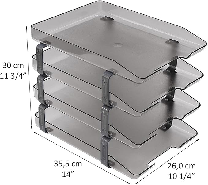 Acrimet Traditional 4 Tier Letter Tray, Front Load Design, A4 Letter Size, Desktop Organizer (Plastic) (Smoke Color)