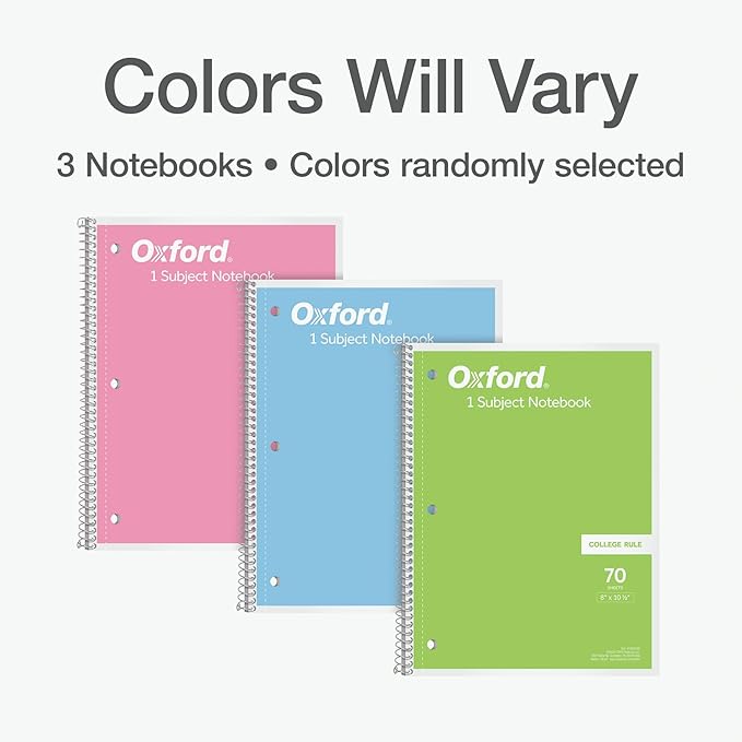 Oxford Spiral Notebooks, 24 Pack, 1 Subject, College Ruled Notebooks for School, 8 x 10.5 Inches, 70 Sheets, Assorted Pastel Colors, Back to School Supplies (1002540)
