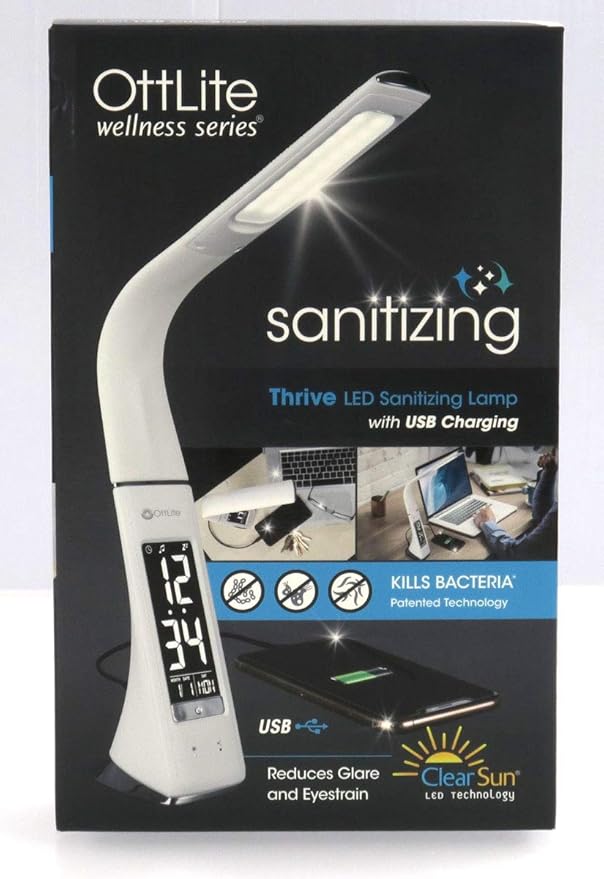 OttLite Thrive LED Sanitizing Desk Lamp with Clock and USB Charging - Eliminates up to 99.9% of Bacteria, Touch Activated, Flexible Neck, Modern Light for Reading, Crafting & Office Desktop