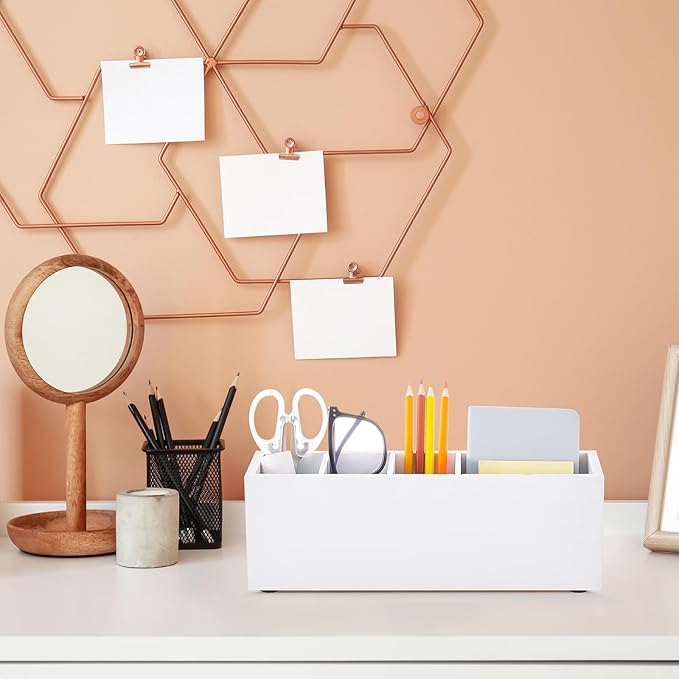 Jetec Wooden Pencil Holder 5 Compartments for Desk Adjustable Pen Holder Wood Office Desk Organizers and Accessories Makeup Brush Organizer for Pen, Home, Office and Art Supplies (White)