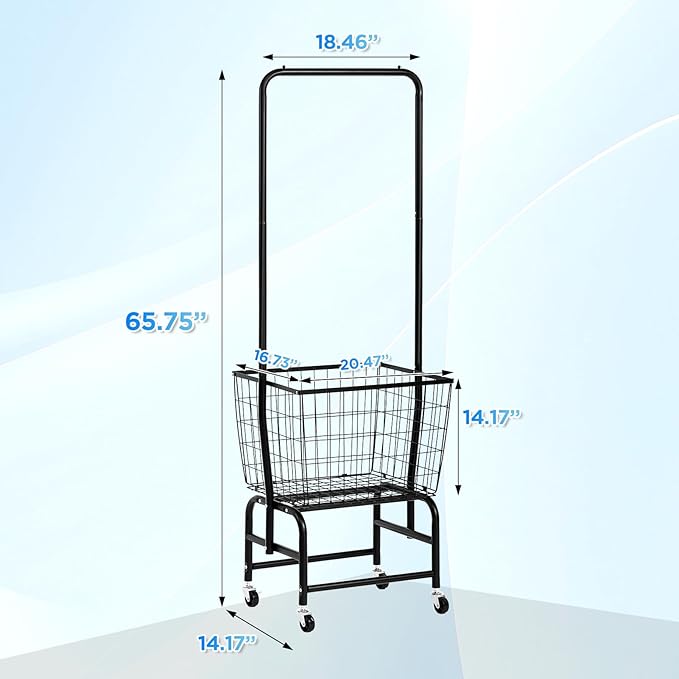 ALIMORDEN Laundry Cart with Clothes Rack, Rolling Laundry Cart with Wheels, Extra Large Basket, Black