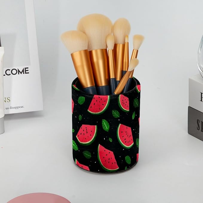 Leather Pen Holder for Desk Watermelon Print Pencil Cup Desktop Organizer Makeup Brush Holders Office Supplies for Home, Kids & School