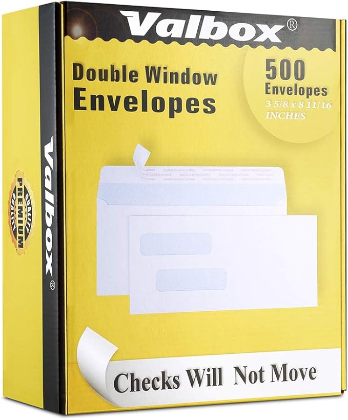 ValBox 500 Count #8 Double Window Envelopes 3 5/8" x 8 11/16" Self Seal Double Window Security Check Envelopes- Security Tint Pattern Designed for Home Office Secure Mailing