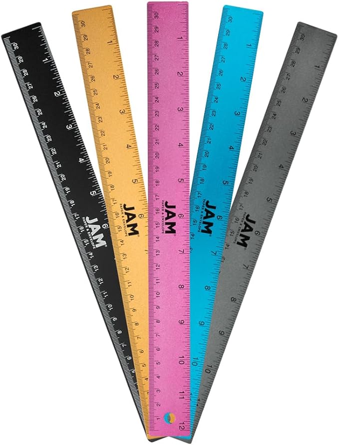 JAM PAPER Strong Aluminum Rulers - 12 Inch - Metal Rulers with Non-Skid Cork Backing - Business Assortment - 5/Pack